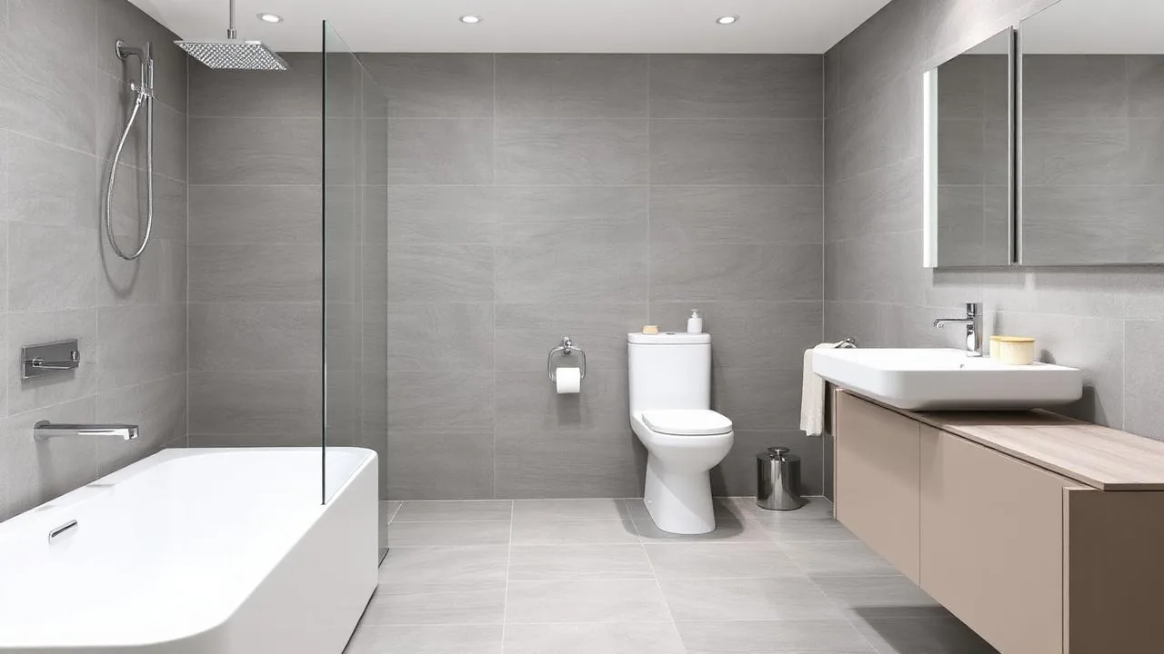 Newly installed bathroom with white suite, chrome fittings and full-height tiling in Paisley
