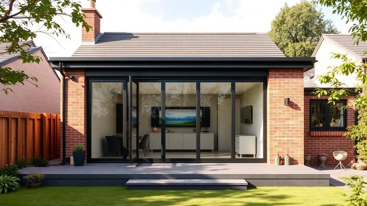 Single-storey house exterior with large glass doors under construction at a Glasgow property