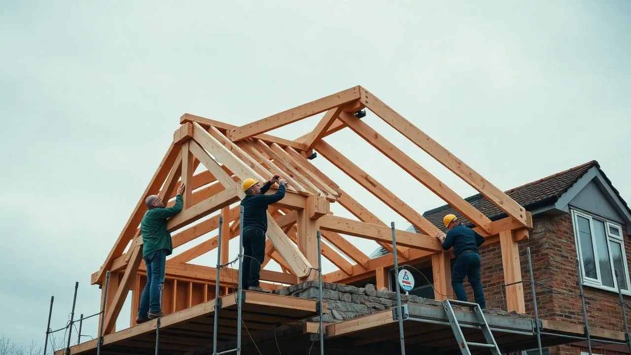 Builders framing the roof structure of a rear house exterior in Glasgow