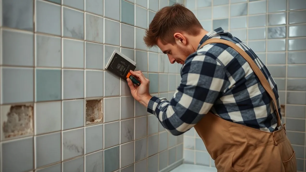 Bathroom fitter tiling a shower wall during a bathroom refit in Johnstone