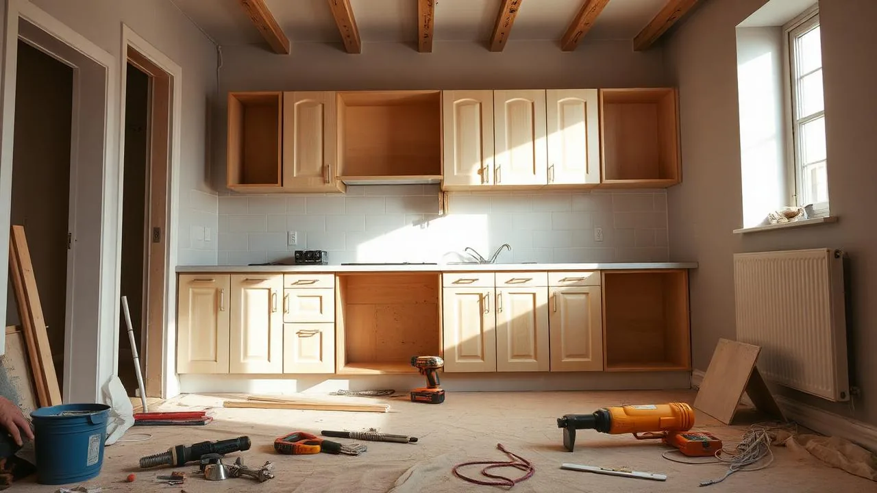 Kitchen fitter installing base cabinets during a kitchen refit in a Paisley home