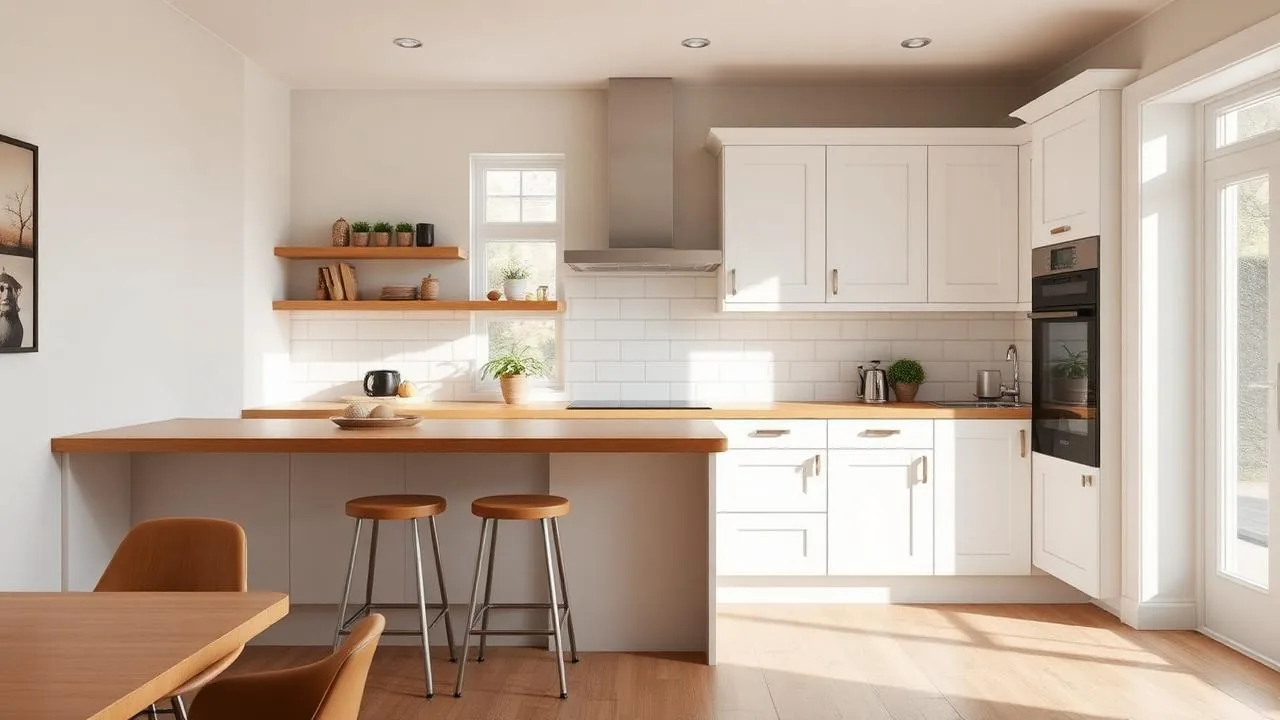 Newly fitted modern kitchen with white shaker units and oak worktop in a Glasgow home, illustrating kitchen renovation costs