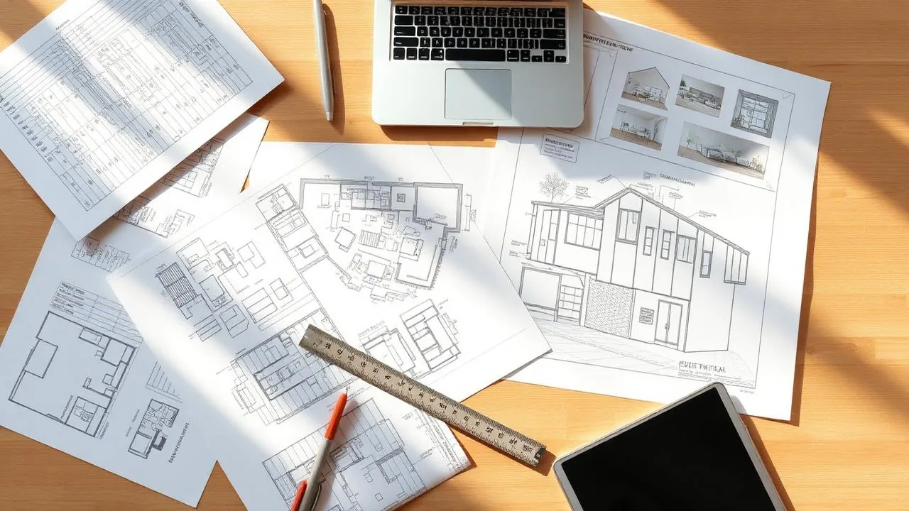 Homeowner reviewing house exterior drawings and planning documents at a kitchen table