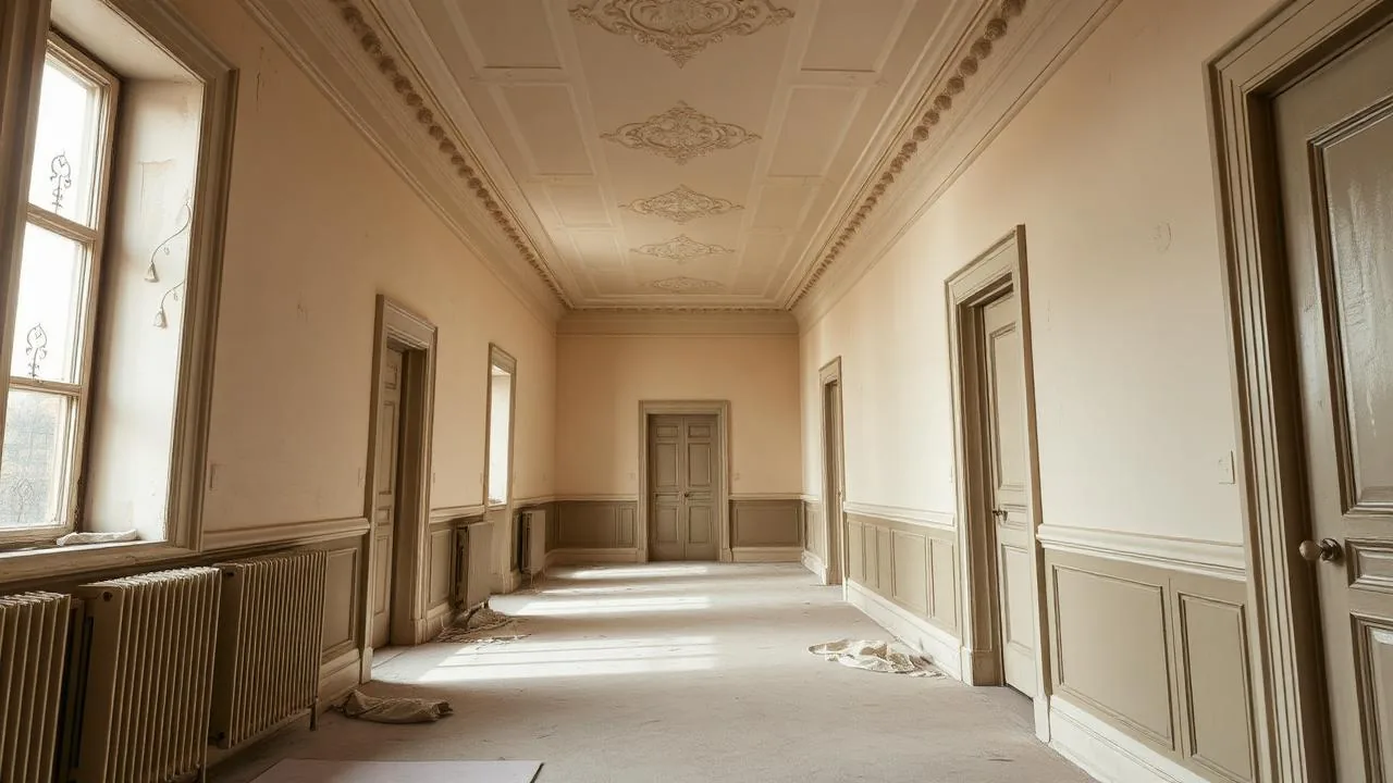 Traditional Glasgow tenement hallway mid-renovation with fresh plaster and cornice detail