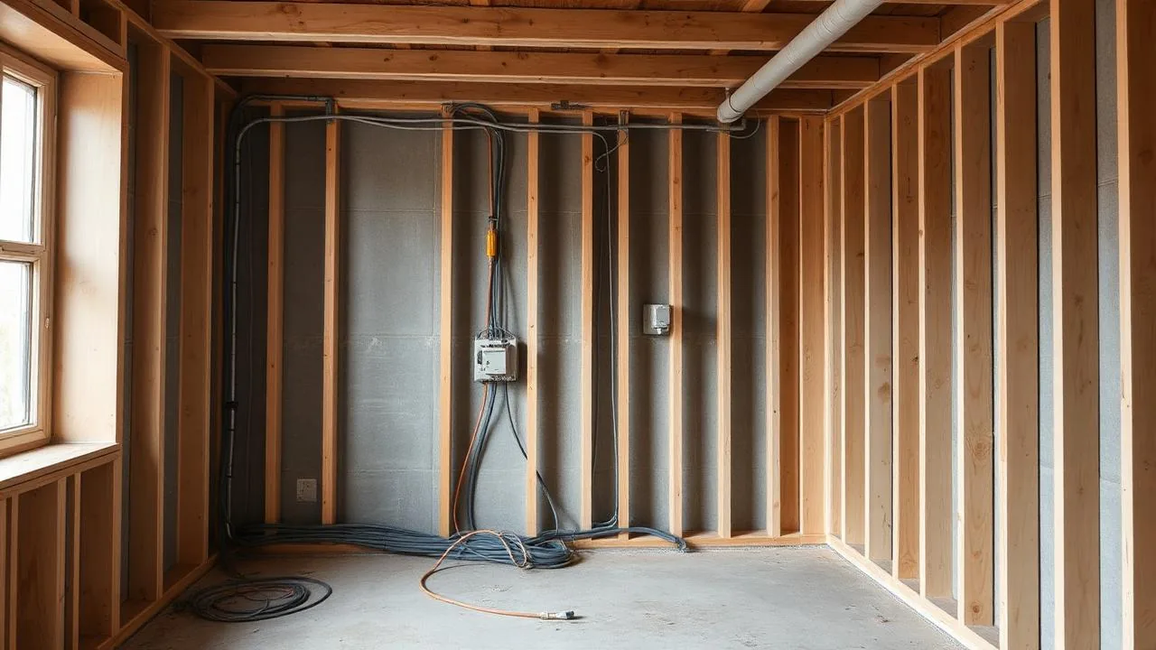 Stripped-back room ready for first-fix electrics and plumbing during a renovation