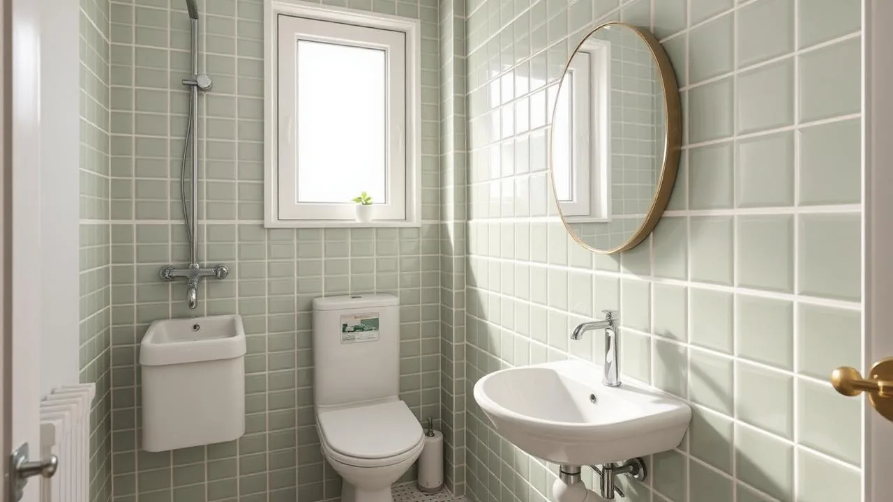 Small bathroom in a Paisley tenement flat with compact basin, shower and light tiling
