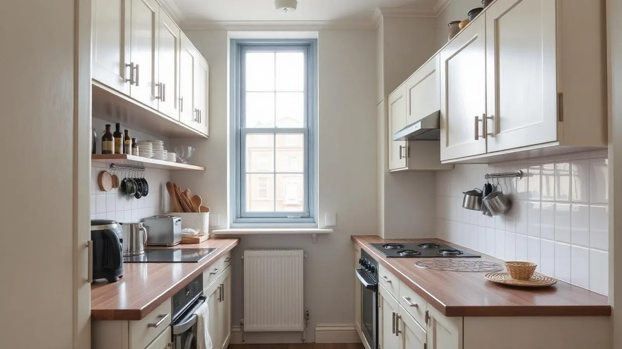 Compact galley kitchen with light cabinetry and tall storage in a Glasgow tenement flat