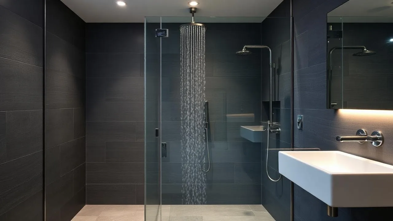 Walk-in wet room with level-access shower and large-format grey tiles in a Glasgow home